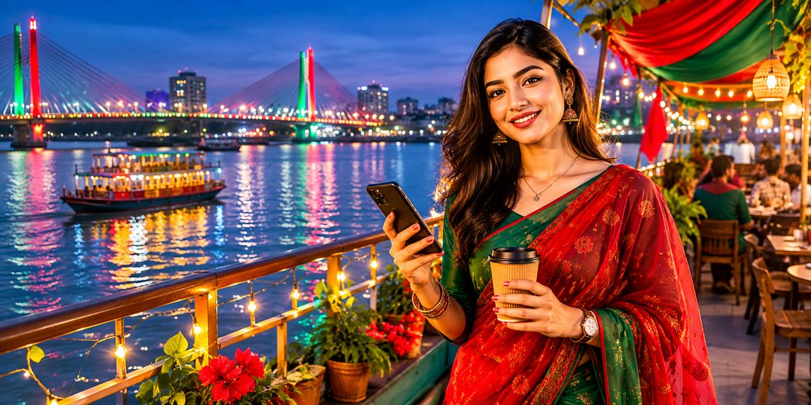 ময়মনসিংহে লাল-সবুজ পরিবেশে মোবাইল পেমেন্ট করছেন একজন বাংলাদেশি ব্যবহারকারী