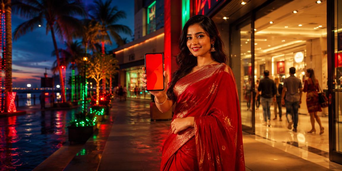 সেন্ট মার্টিনে শাড়ি পরা একজন বাংলাদেশি নারী মোবাইলে পেমেন্ট করছেন